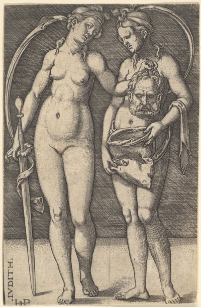 Judith står till höger och håller Holofernes huvud i sin högra hand och en..., ca. 1520-30. av Sebald Beham