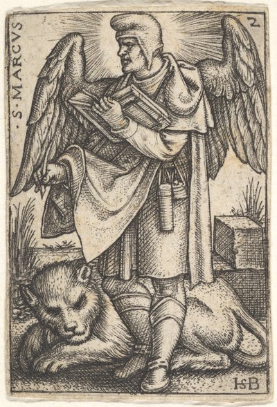 Plåt 2: Markus, hans huvud vänt i profil åt vänster, med en öppen bok i hans högra..., 1541. av Sebald Beham