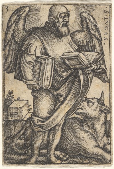 Plåt 3: Saint Luke med huvudet vänt i profil åt höger, en bok i varje hand, en f..., 1541. av Sebald Beham