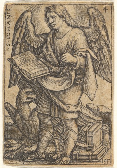 Plåt 4: Sankt Johannes med huvudet vänt tre fjärdedelar åt vänster, med en bok i hans ri..., 1541. av Sebald Beham