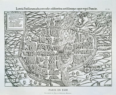 Paris stadsplan c.1530 (trägravyr) av Sebastian (after) Münster