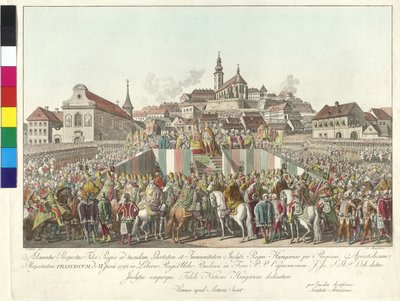 Kröning av kejsar Frans II till kung av Ungern i Budapest den 6 juni 1792 (kopparstick) av Sebastian Mansfeld