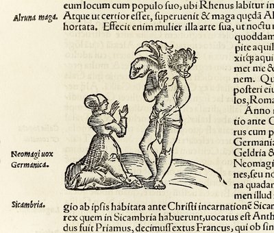 En häxa tillkallar en trehövdad demon, från 1550 års upplaga av 