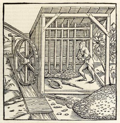 Gruvdrift med vattenhjul, från 1550 års upplaga av 