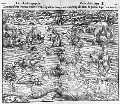 Havs- och landmonster, illustration från Cosmographia Universalis, av Sebastian Munster (1489-1552) av Sebastian Munster