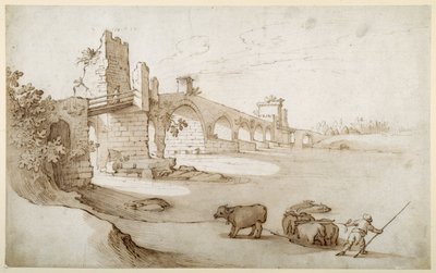 En förare som uppmanar ett team tjurar att simma i Tibern vid Ponte Milvio Crossing (penna och brunt bläck med brunt tvätt på papper) av Sebastian Vrancx