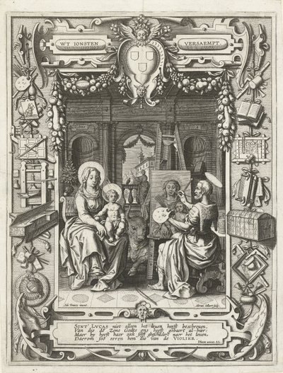 Vapensköld av Saint Luke-gillet med Saint Lukas målning Madonna och barn, 1620-21 av Sebastian Vrancx
