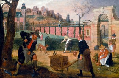 Trädgårdsmästare i arbete i en formell trädgård i utkanten av en stad. Målning av Sebastian Vrancx (1573-1647). Privat samling. av Sebastian Vrancx