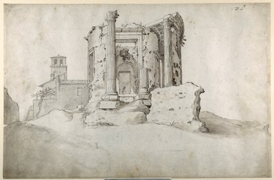 Ruinerna av Temple of the Tiburtine Sibyll at Tivoli (penna & brunt bläck med gråbrun tvätt på vitt papper) av Sebastian Vrancx