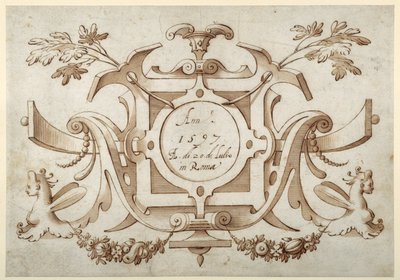 Strapwork cartouche associerad med uppsättningen av hans Roman Views (penna & brunt bläck med brun tvätt på papper) av Sebastian Vrancx