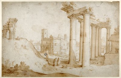 Forum Romanum med Titus och Vespasianus tempel, Saturnus tempel och Septimius Severus båge (Penna och brunt bläck med brun tvätt, på papper) av Sebastian Vrancx