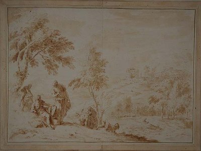 Omfattande pastoralt landskap med Hill-town, ca 1720 (brunt bläck och tvätt) av Sebastiano Ricci