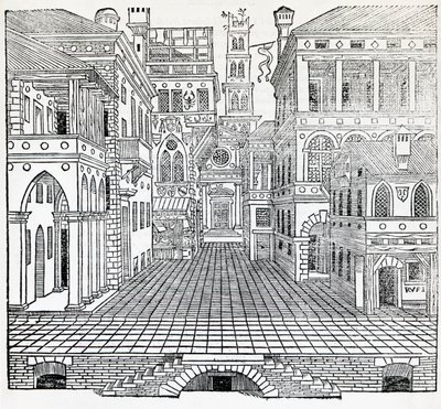 Magisk scen, scendesign av Sebastiano Serlio (1475-1554), illustration från Treatise on Architecture, Bok II av Sebastiano Serlio
