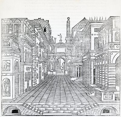 Magisk scen, scendesign av Sebastiano Serlio (1475-1554), illustration från Treatise on Architecture, Bok II av Sebastiano Serlio