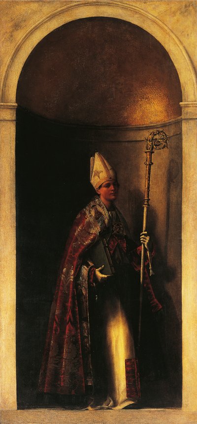 Saint Louis of Toulouse, dekoration från orgeldörr, ca 1509, av Sebastiano del Piombo (ca 1485-1547), olja på duk, 293x137 cm, San Bartolomeo-kyrkan, Venedig, Italien av Sebastiano del (c.1485 1547) Piombo