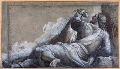 En liggande apostel (svart krita med brun tvätt på carta azzurra) av Sebastiano del (c.1485 1547) Piombo