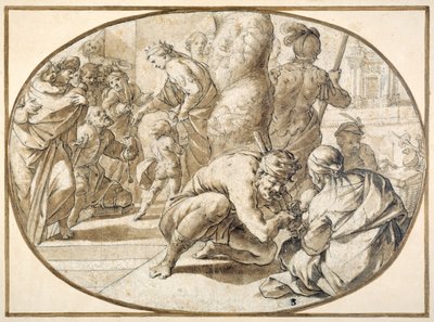En drottning som delar ut allmosor till en lam tiggare i templet i Jerusalem, tidigt 1600-tal (penna och brunt bläck med brun tvätt) av Second School of Fontainebleau
