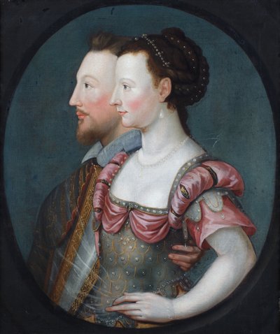 Ett profilporträtt av en dam och en herre, som sägs vara Philip Sydney och hans syster Lady Pembroke (olja på duk) av Second School of Fontainebleau