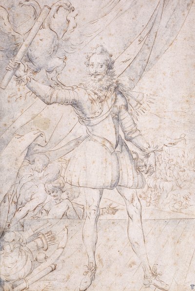 Kung Henrik IV, fullängd, en trofé av de osmanska armarna vid hans fötter, höjer en rulla framför en örn (svart krita, penna och brunt bläck med blått tvätt) av Second School of Fountainebleau