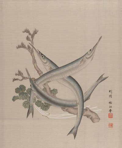 Tre fiskar och en gren, ca. 1890-92. av Seki Shuko