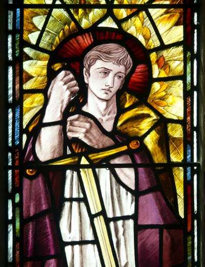Mortehoe, St Mary, Heaton Butler & Bayne, Selwyn Image, Ärkeängel St Michael detalj, ca 1890 av Selwyn Image Selwyn Image