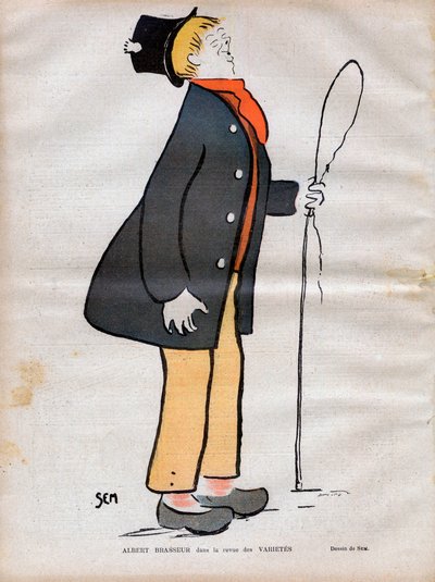 Albert Jules Dumont (1862-1932) dit Albert Brasseur, skådespelare för boulevardteater och operett i journalen Varietes - Caricature av SEM (Georges Goursat) (1863-1934) i "" Le rire de 1902 - av Sem
