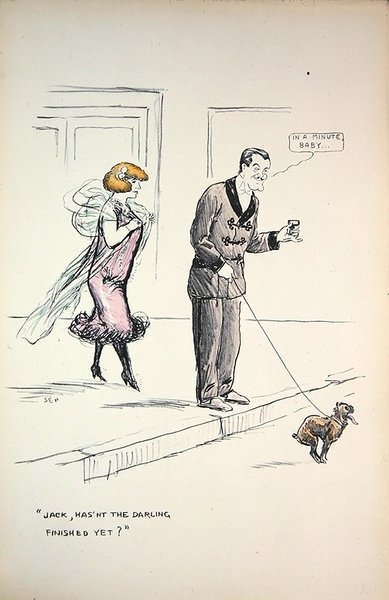 Par som väntar på att en hund ska avsluta sin verksamhet, ca 1921 (färg litho) av Sem