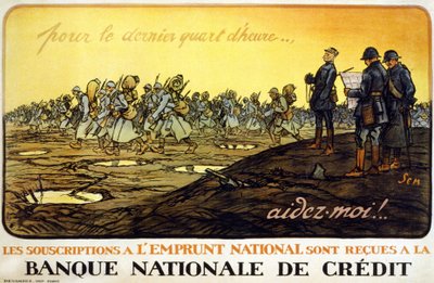Affisch för rikslånet “” Den sista kvarten.. hjälp mig! National Loan prenumerationer tas emot av National Credit Bank”: General Ferdinand Foch (1851 - 1929) tittar på sina trupper som marscherar genom slagfältet. Av Sem av Sem