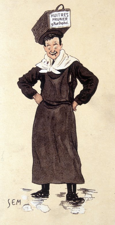 Säljare av ostron från butiken Prunier. Kromolitografi signerad SEM (1863 - 1934). av Sem