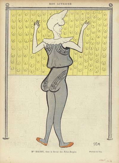 Louise Balthy, fransk skådespelerska, på Folies-Bergere, illustration för Le Rire av Sem