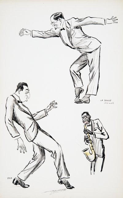 Två herrar i svart slips framför La Danse Havas till saxofon, från White Bottoms, pub. 1927 (färgblocktryck), från White Bottoms, pub. 1927 (färgblocktryck) av Sem