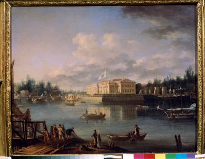 Utsikt över Kamennoostrovsky-palatset från Strogonov-vallen, Sankt Petersburg. Målning av Semyon Fyodorovich Shchedrin (Semion Shchedrin) (1745-1804), olja på duk av Semen Fedorovich Shchedrin