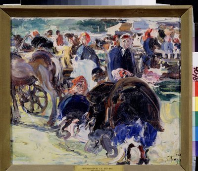 En mässa (A Fair). Provinsiell marknadsplats med bondkvinnor och handlare. Målning av Semyon Gavrilovich Nikiforov (1877-1912), olja på duk av Semen Gavriilovich Nikiforov