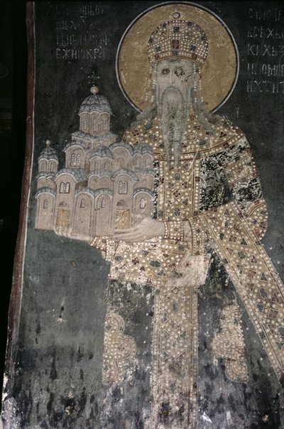 Kung Stephen Uros II Milutin (r.1282-1321) med en modell av kyrkan, 1311-21 av Serbian School