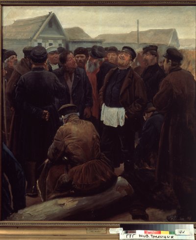 Möt landsbygden. (På landsbygdsmötet). Grupp ryska bönder framför gårdar. Verk av Sergei Alexeyevich Korovin (1858-1908), olja på papper av Sergei Alexeyevich Korovin