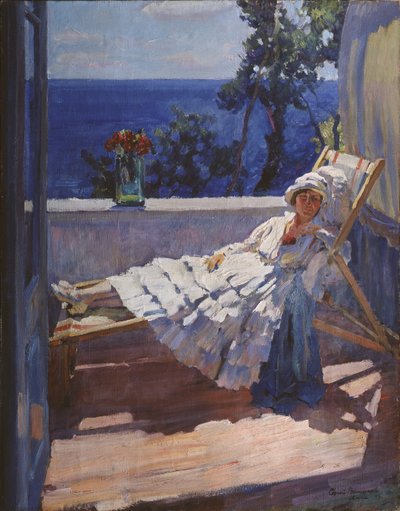 En dam på balkongen, 1916 av Sergei Arsenevich Vinogradov