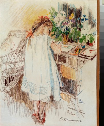 Une petite (A Little One) - Konstverk av Sergei Arsenyevich Vinogradov (1869-1938), färgpenna på papper av Sergei Arsenevich Vinogradov