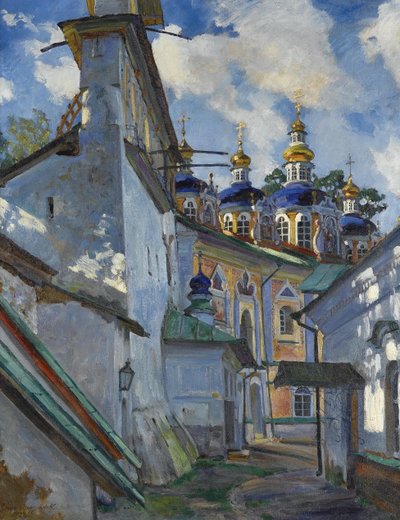 Utsikt över Pskovo-Pechersky-klostret, 1928 av Sergei Arsenevich Vinogradov