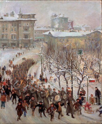 Röda arméns män. Parad av Sovjetunionens trupper på gatorna i en snötäckt stad under andra världskriget (1939-1945), föregås av marschbandet och åtföljda av glada barn. Målning av Sergei Ivanovich av Sergei Ivanovich Markin