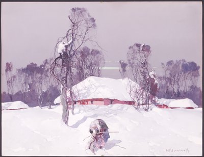 Gammal dam som samlar trä i snön av Sergei Kolesnikoff