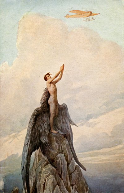 Transport. Flyg. Drömmen om Ikaros. Ikaros och flygplan. Illustration av J. Solomko, Ungern, ca 1916. (vykort) av Sergei Sergeevich Solomko