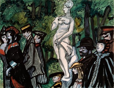 I sommarträdgården. (Familjer i sitt söndagsbästa på promenad runt en staty i Sankt Petersburg). Verk av Sergei Yurievich Sudeykin (Serge Soudeikine) (1882-1946), penna, gouache och bläck på papper. rysk konst av Sergei Yurevich Sudeikin