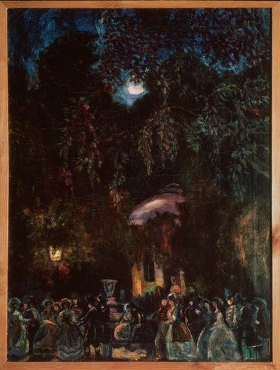 Spanien. (Fritidsscen, företagspromenad på gatan, kväll). Målning av Sergei Yurievich Sudeykin (Serge Soudeikine) (1882-1946), olja på duk, cirka 1910. Rysk konst, 1900-talet. Statens friluftsmuseum för historia, arkitektur och konst, Psko av Sergei Yurevich Sudeikin