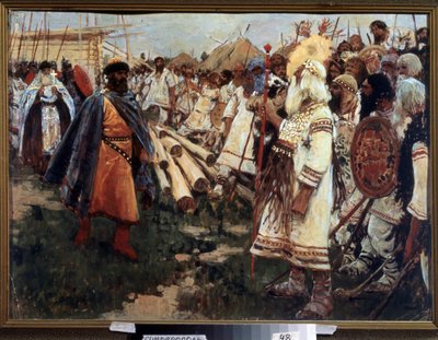 ""Kristendom och hedendom"" Kristnande av Ukraina - Allegori över de två religionerna ansikte mot ansikte - Målning av Sergei Ivanov (1864-1910) 1909 Regionala konstmuseet, Simferopol av Sergej Vasilevic Ivanov