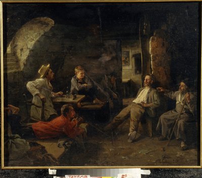 The Night Asylum (Dosshouse). Samtal mellan de boende på fristaden. Målning av Sergey Ivanovich Krivolutsky (1869-1922), olja på duk av Sergey Ivanovich Krivolutsky