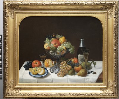 Fruktstilleben med champagneflaska av Severin Roesen