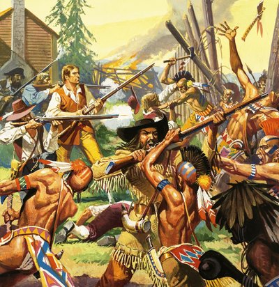 Daniel Boone försvarar en gård i Kentucky mot angripande indianer av Severino Baraldi