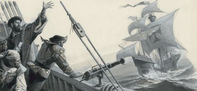 Ferdinand Magellan (1480-1521) om upptäckten av Stilla havet (gouache på papper) av Severino Baraldi
