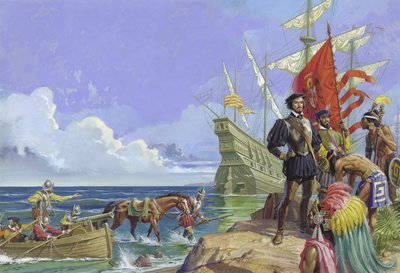 Hernando Cortes anländer till den nya världen av Severino Baraldi