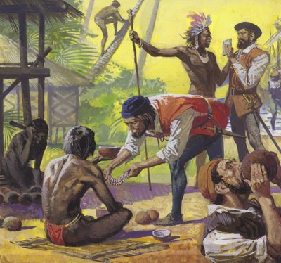 Magellans män möter vänligt sinnade infödingar på Filippinerna och byter till sig mat av Severino Baraldi